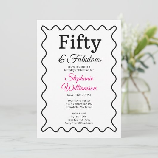 Invitation Fifty and Fabulous Black and Pink Script (Debout devant)
