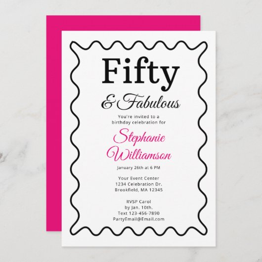 Invitation Fifty and Fabulous Black and Pink Script (Devant / Derrière)
