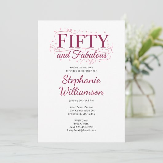 Invitation Fifty and Fabulous Black Berry Pink Script (Debout devant)