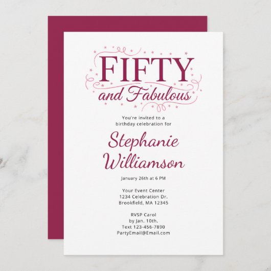 Invitation Fifty and Fabulous Black Berry Pink Script (Devant / Derrière)