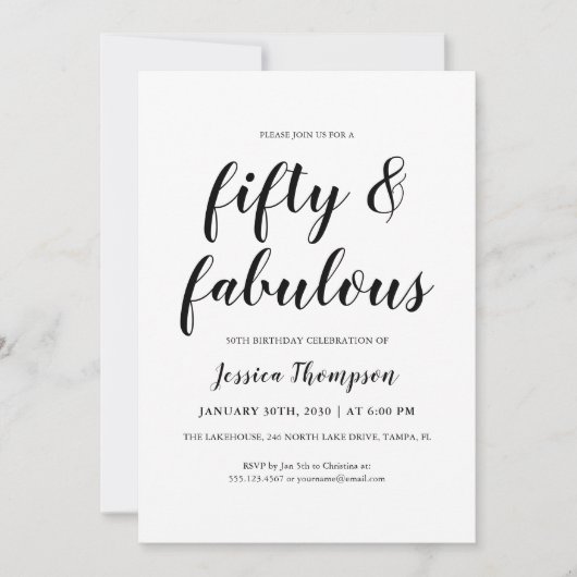 Invitation Fifty and Fabulous Black Script 50th Birthday (Devant)