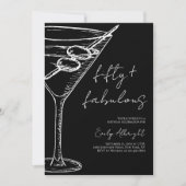 Invitation Fifty and Fabulous Black Script Line Art Martini (Devant)