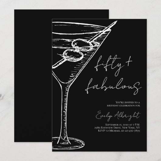 Invitation Fifty and Fabulous Black Script Line Art Martini (Devant / Derrière)