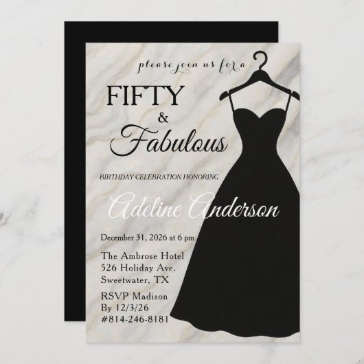 Invitation Fifty and Fabulous Black White Marble 50th (Devant / Derrière)