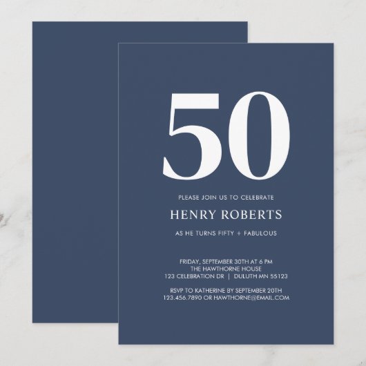 Invitation Fifty and Fabulous Blue 50th Birthday Party (Devant / Derrière)
