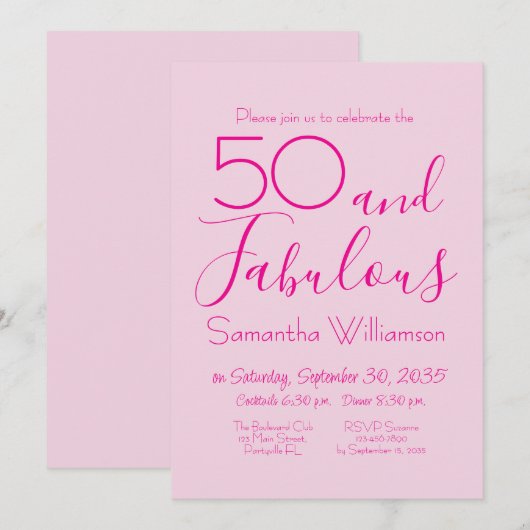 Invitation Fifty and Fabulous Blush Pink 50th Birthday Party (Devant / Derrière)