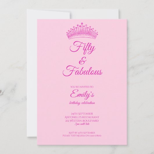 Invitation Fifty and Fabulous Crown Pink Birthday (Devant)