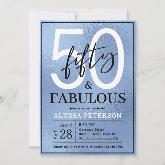 Invitation Fifty and Fabulous Dusty Blue Script 50th Birthday (Devant)