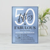 Invitation Fifty and Fabulous Dusty Blue Script 50th Birthday (Debout devant)