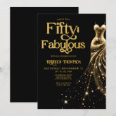 Invitation Fifty and Fabulous Gold Dress Black 50th Birthday (Devant / Derrière)