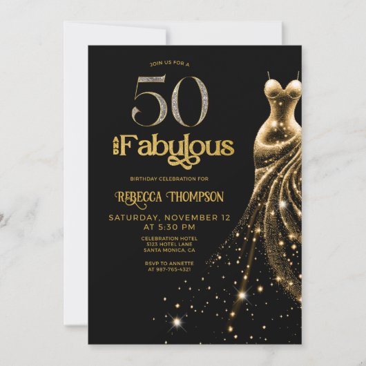 Invitation Fifty and Fabulous Gold Dress Black 50th Birthday (Devant)