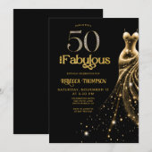 Invitation Fifty and Fabulous Gold Dress Black 50th Birthday (Devant / Derrière)