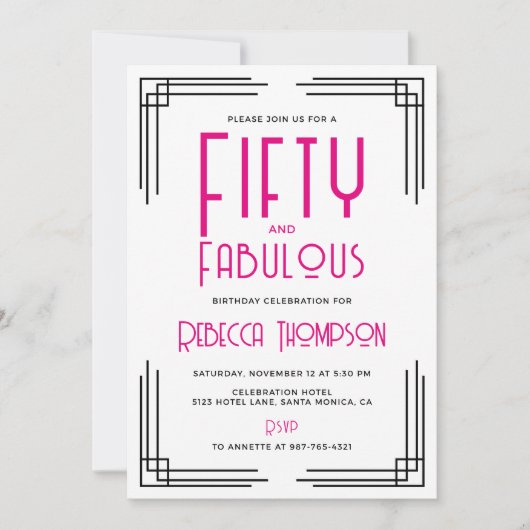Invitation Fifty and Fabulous Hot Pink Art Deco 50th Birthday (Devant)