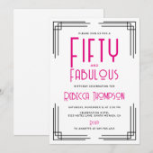 Invitation Fifty and Fabulous Hot Pink Art Deco 50th Birthday (Devant / Derrière)