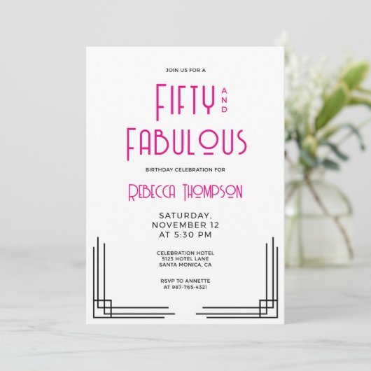 Invitation Fifty and Fabulous Hot Pink Art Deco 50th Birthday (Debout devant)