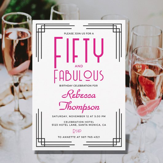 Invitation Fifty and Fabulous Hot Pink Art Deco 50th Birthday