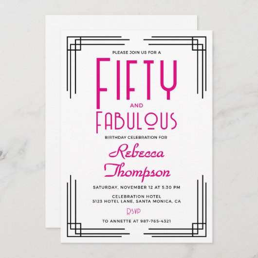 Invitation Fifty and Fabulous Hot Pink Art Deco 50th Birthday (Devant / Derrière)