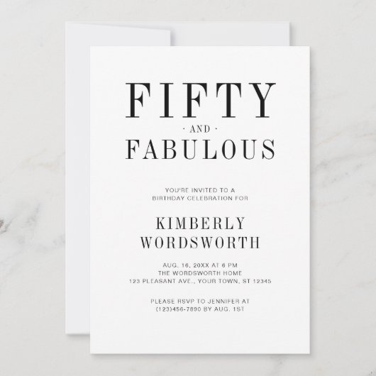 Invitation Fifty and Fabulous Minimal 50th Birthday Party (Devant)