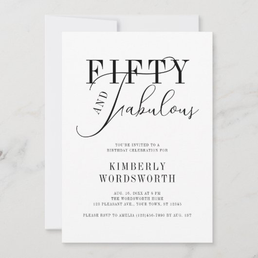 Invitation Fifty and Fabulous Minimal Script 50th Birthday (Devant)