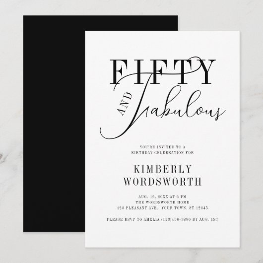 Invitation Fifty and Fabulous Minimal Script 50th Birthday (Devant / Derrière)