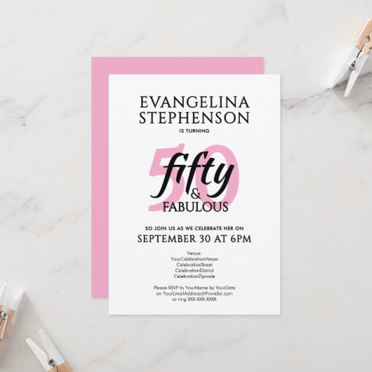 Invitation Fifty and Fabulous Modern Pink White 50th Birthday (Devant/Arrière en situation)