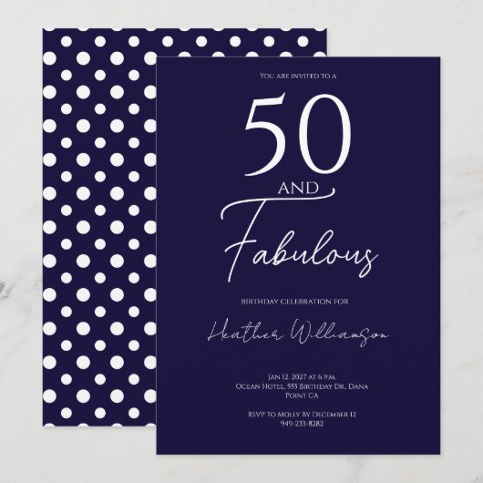Invitation Fifty and Fabulous Navy 50th Birthday Party (Devant / Derrière)