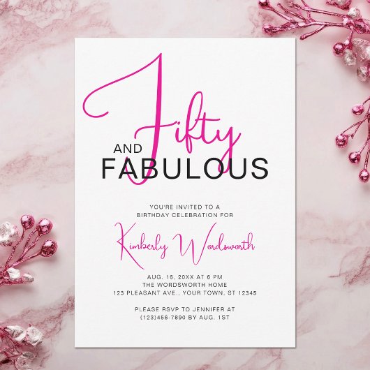 Invitation Fifty and Fabulous Pink 50th Birthday Party