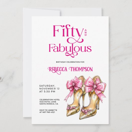 Invitation Fifty and Fabulous Pink Gold Heels 50th Birthday (Devant)