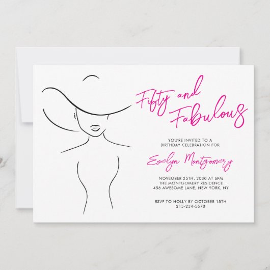Invitation Fifty and Fabulous Pink Line Art Birthday Party  (Devant)