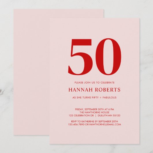 Invitation Fifty and Fabulous Pink Red 50th Birthday Party (Devant / Derrière)