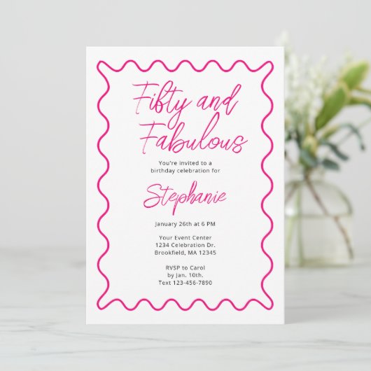 Invitation Fifty and Fabulous Pink Script (Debout devant)