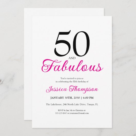 Invitation Fifty and Fabulous Pink Script 50th Birthday (Devant / Derrière)