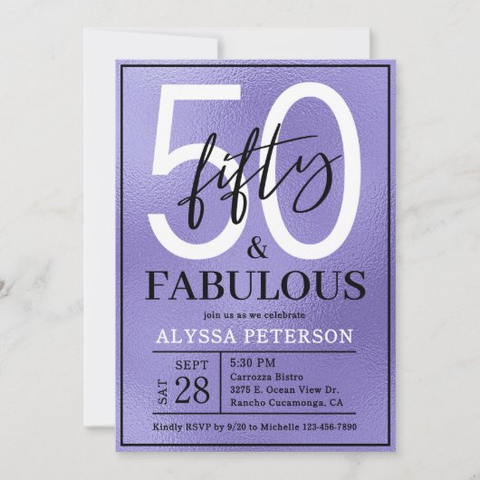 Invitation Fifty and Fabulous Purple Script 50th Birthday (Devant)