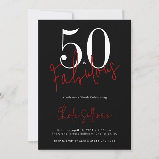 Invitation Fifty and Fabulous Red Black 50th Birthday Party (Devant)