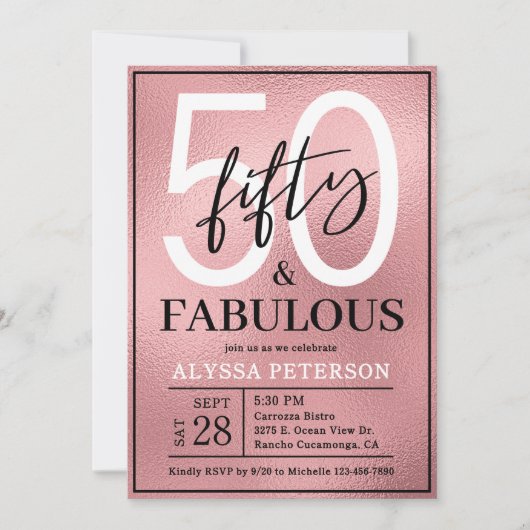 Invitation Fifty and Fabulous Rose Gold Script 50th Birthday (Devant)