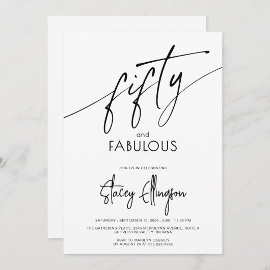 Invitation Fifty and Fabulous Script 50th Birthday Party (Devant / Derrière)