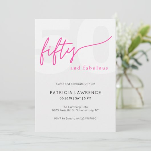 Invitation Fifty and Fabulous Script Pink 50th Birthday Party (Debout devant)