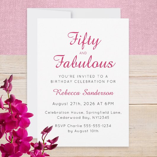 Invitation Fifty and Fabulous Script Pink 50th Birthday Party