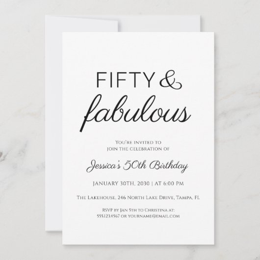 Invitation Fifty and Fabulous Script Text 50th Birthday Party (Devant)