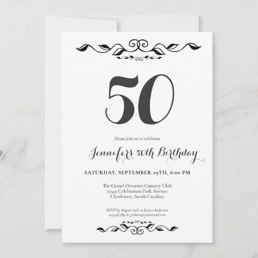 Invitation Fifty Elegant Noir et Blanc 50e Anniversaire (Devant)