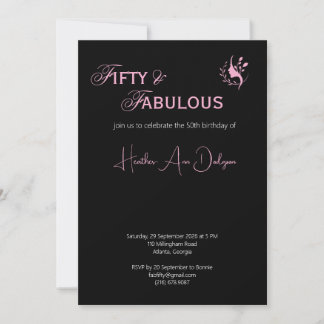 Invitation Fifty & Fabulous Black and Pink Script Minimalist 