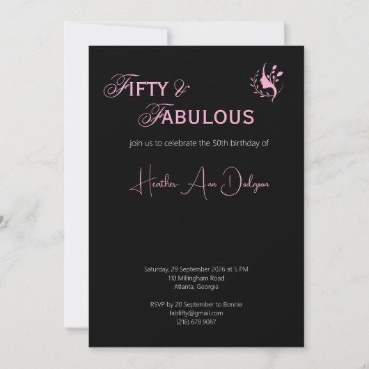 Invitation Fifty & Fabulous Black and Pink Script Minimalist (Devant)