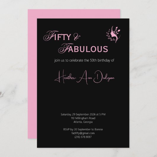 Invitation Fifty & Fabulous Black and Pink Script Minimalist  (Devant / Derrière)