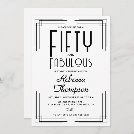 Invitation Fifty Fabulous Black White Art Deco 50th Birthday (Devant / Derrière)
