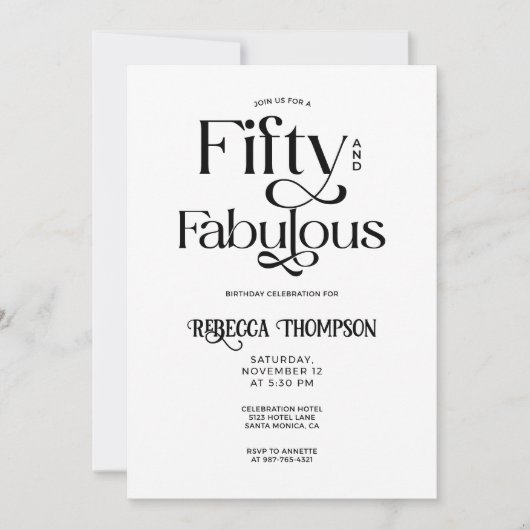 Invitation Fifty Fabulous Black White Script 50th Birthday (Devant)