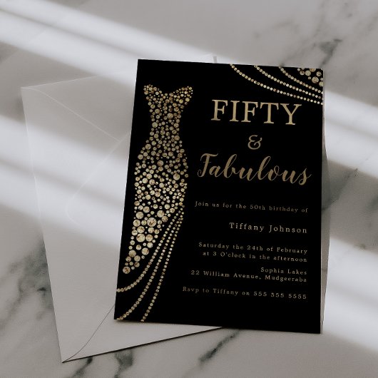 Invitation Fifty & Fabulous Elegant Gold Dress 50th Birthday