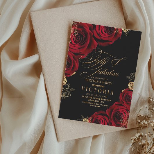 Invitation Fifty & Fabulous Gold Red Rose 50th Birthday