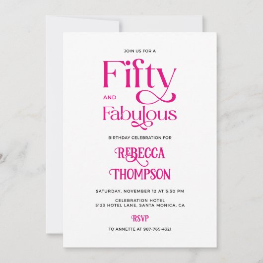 Invitation Fifty Fabulous Hot Pink Script 50th Birthday (Devant)