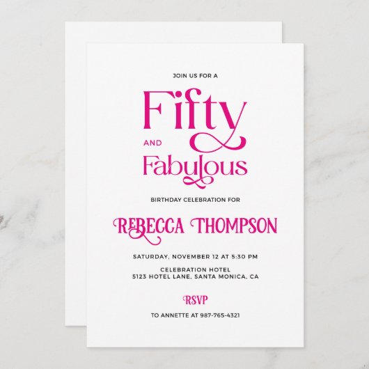 Invitation Fifty Fabulous Hot Pink Script 50th Birthday (Devant / Derrière)