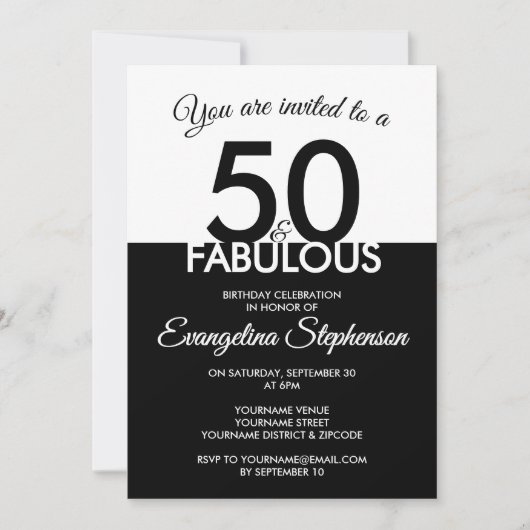 Invitation Fifty Fabulous Modern Black White 50th Birthday (Devant)